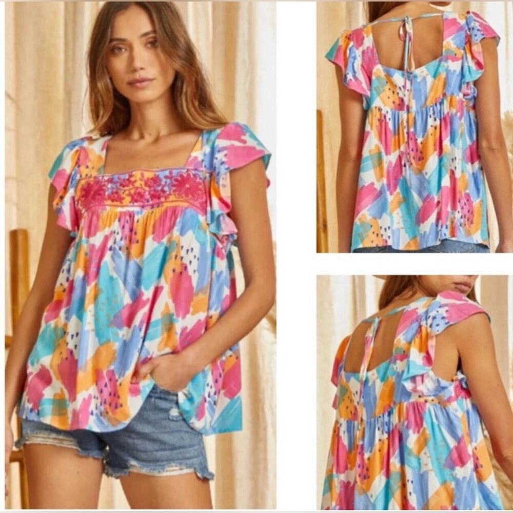Savanna Jane Shirt Womens 1X XL Embroidered Boho Peasant Top Short Sleeve NWT